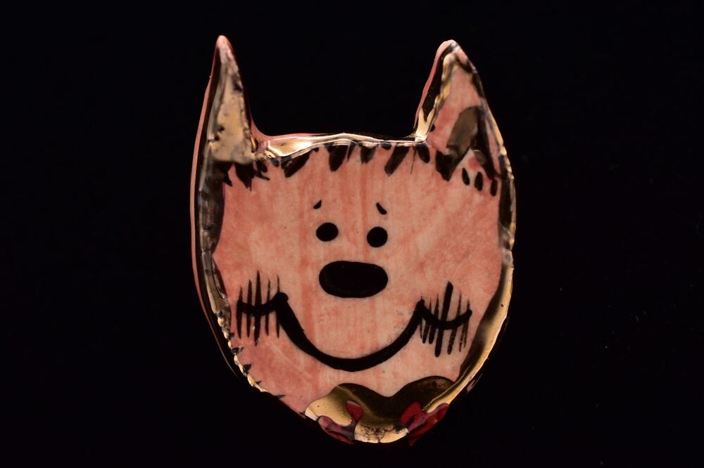Vintage Porcelain Halloween Dog Wolf Pin Brooch Handcrafted Painted 1997 BinBP